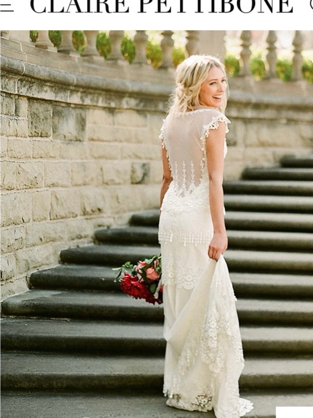 Claire Pettibone Delicate Lace Wedding Dress in Ivory Kristene model